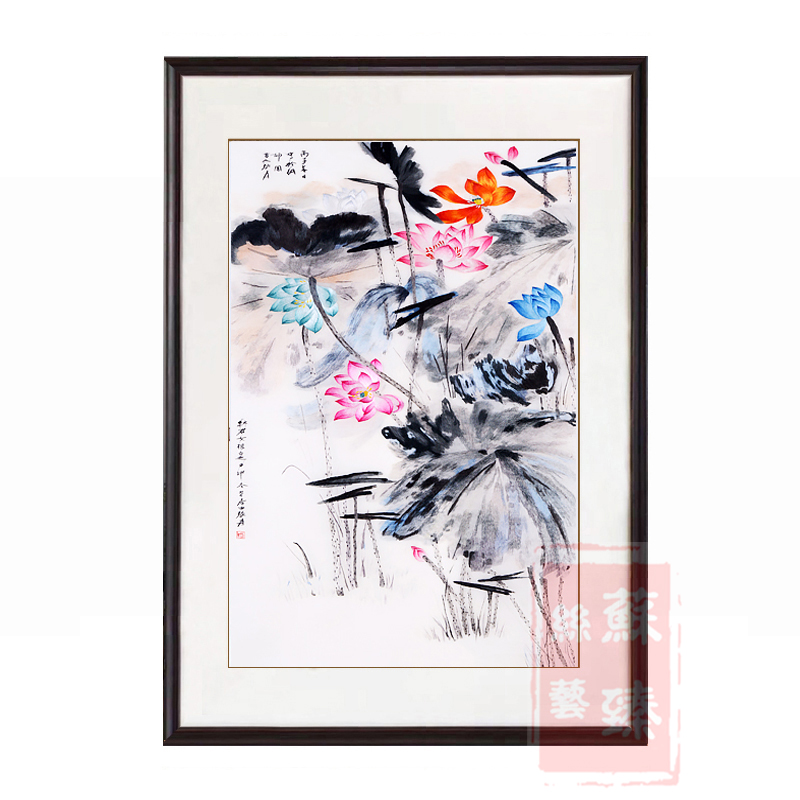 苏绣成品挂画玄关张大千荷花纯手工苏州刺绣走廊中式竖幅装饰画图片