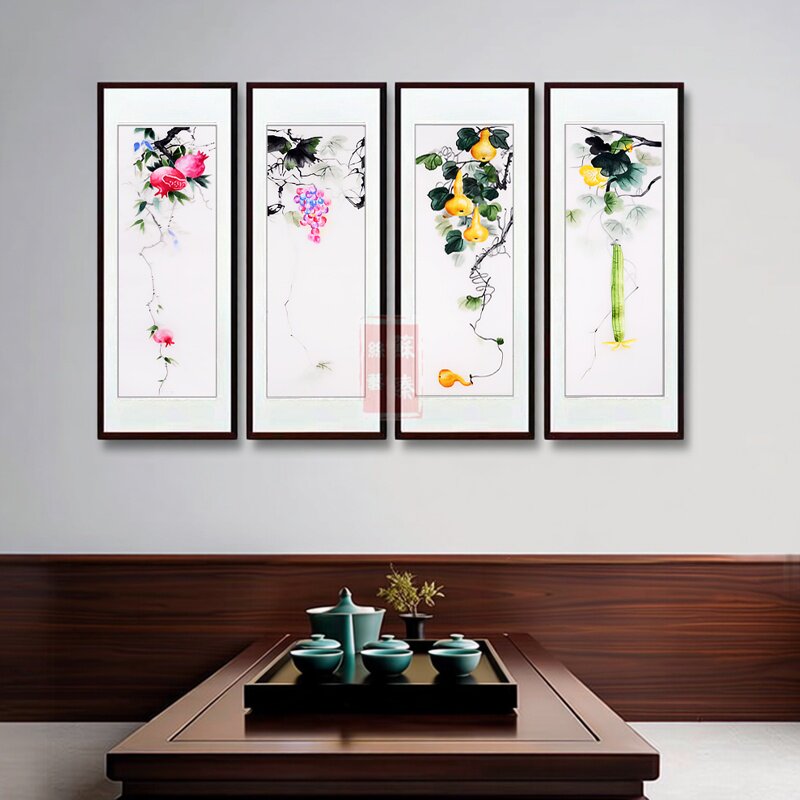 苏绣成品挂画四条屏水果餐厅4联画中式纯手工刺绣背景墙装饰壁画