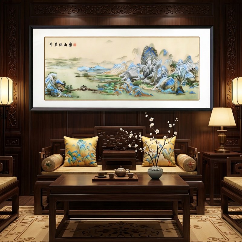 苏绣成品挂画客厅千里江山纯手工苏州4丝刺绣背景墙壁中式装饰画,居家布艺,苏绣,淘宝优惠券,粉丝福利购,淘宝优惠卷