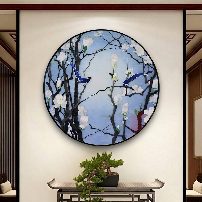 苏绣成品挂画圆形玉兰花鸟苏州手工真丝刺绣玄关客厅装饰画中式