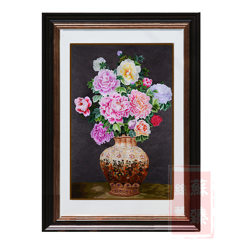 苏绣成品挂画欧式瓶花竖版玄关绣品装饰画苏州纯手工刺绣蚕丝画图片