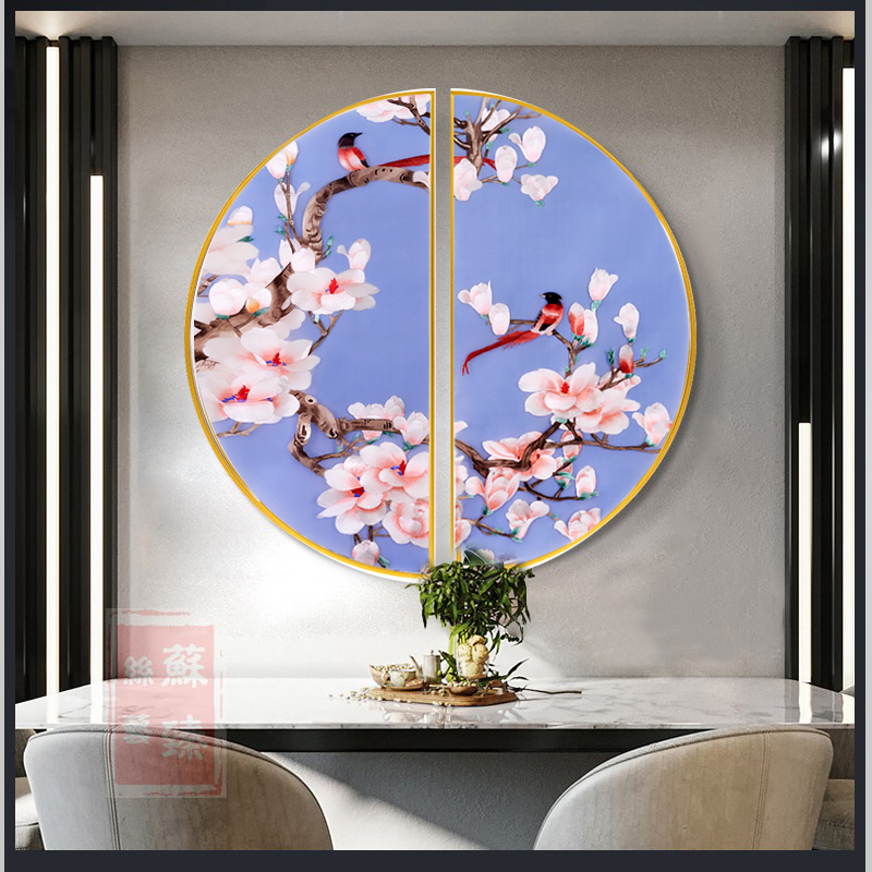 苏绣成品挂画半圆形双拼花鸟新中式客厅玄关装饰画苏州纯手工刺绣