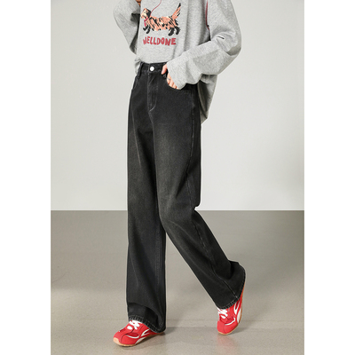 唐狮2025秋冬季直筒牛仔长裤女基础百搭加绒加厚显瘦碳黑色高级感