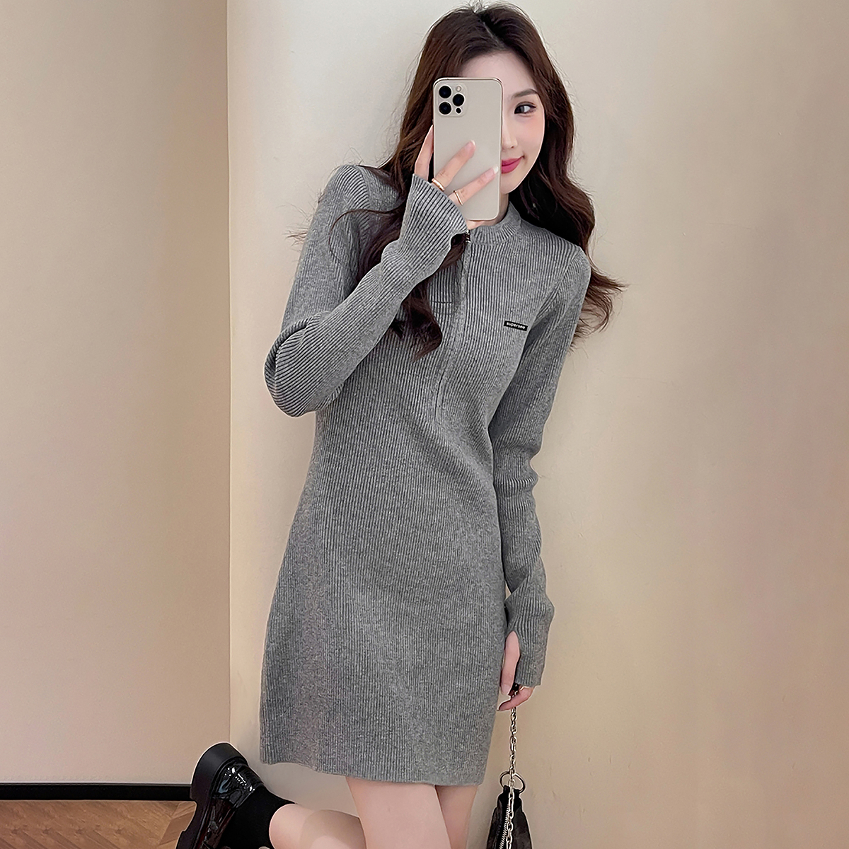唐狮2025秋冬毛衣连衣裙女拉链半开襟显瘦长袖高级感时尚气质减龄