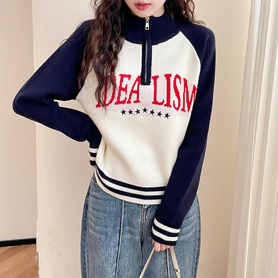 唐狮2026秋冬新款女毛衣美式校园风拉链半开襟套头潮酷超好看