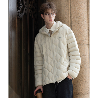 唐狮2025秋冬季轻薄款羽绒服男连帽菱格短款保暖鸭绒羽绒外套潮流
