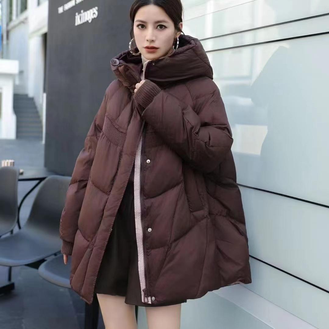 韩版时尚中长款茧型连帽羽绒服女2024冬A字版拼接设计保暖外套潮