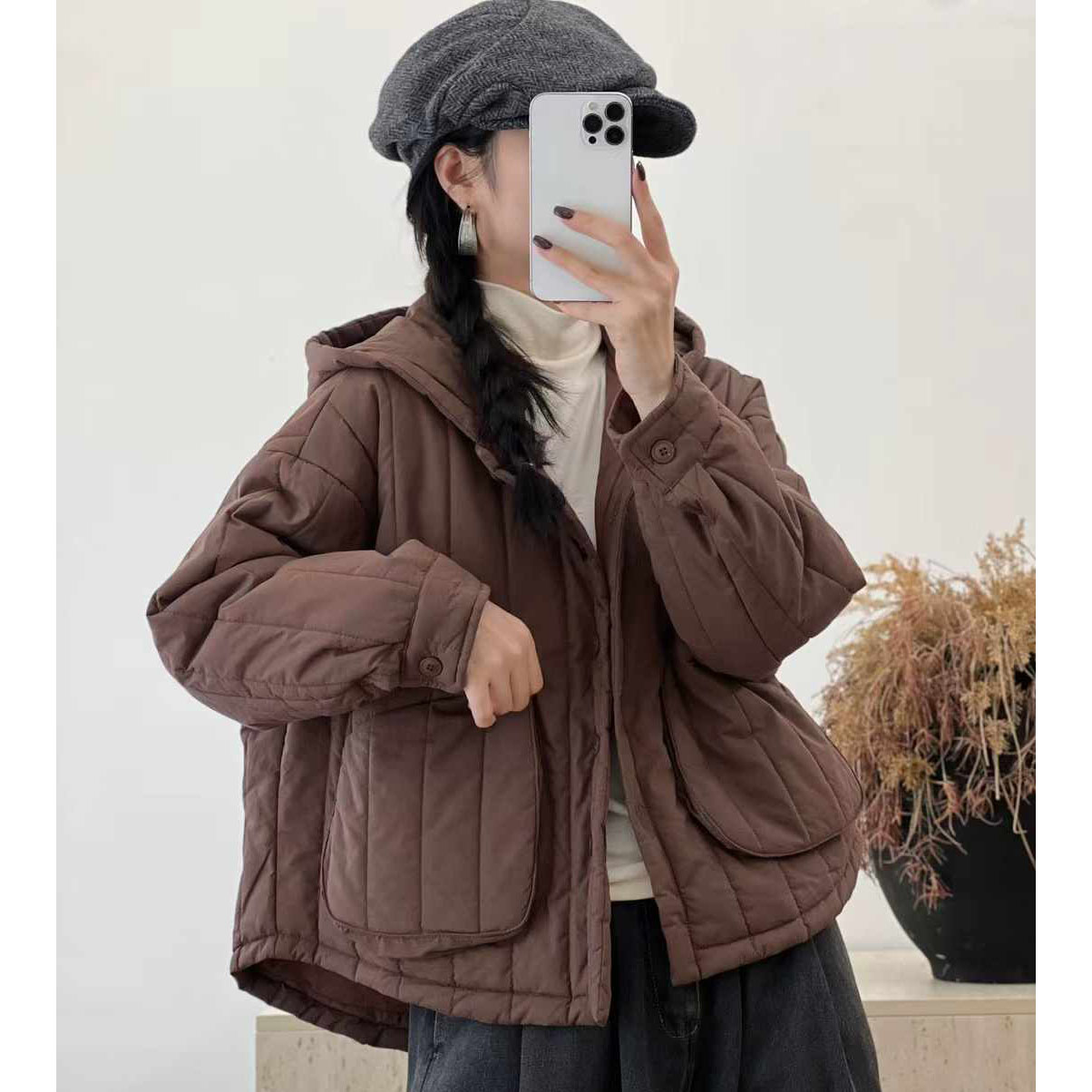 诗锦原创复古纯色简约连帽轻薄棉衣外套女秋冬装休闲宽松口袋棉服