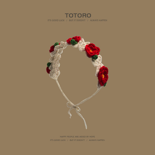 红色花朵手工针织发带女春秋出游甜美可爱发箍百搭萌童个性头巾帽