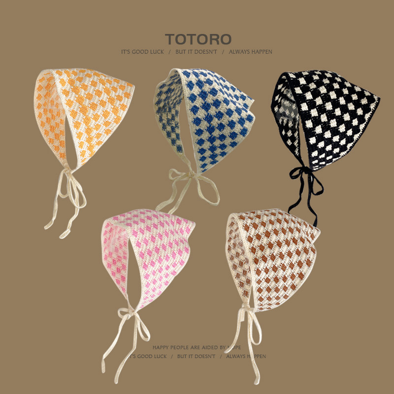 春夏新款格纹三角巾头巾女手工针织发带学生甜美可爱装饰包头帽子