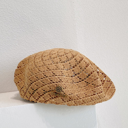 菠萝纹玫瑰标棉纱镂空贝雷帽女