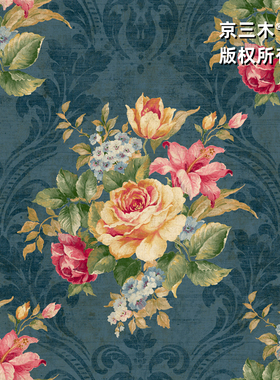 京三木  法式美式宫廷风壁画 深蓝色大马士革花篮卧室背景墙 墙布