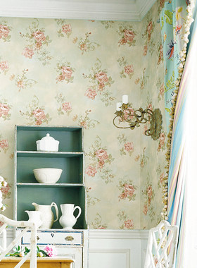 京三木  美式蓝绿色 田园玫瑰 无缝墙布 紫色法式卧室 婚房壁画