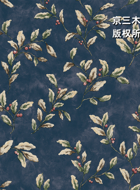 京三木 美式藏蓝色 轻复古风格无缝墙布 绿叶红果客厅背景墙AB版