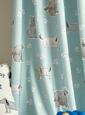 卡通小狗窗帘窗纱  棉麻印花 蓝色橙色幼儿宝儿童房男孩卧室  F6