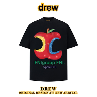drew潮牌美式抽象苹果印花正肩短袖T恤纯棉重磅休闲复古新款男女