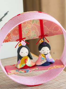 日本制 京都龙虎作手工绢布桃花女孩节夫妇人偶玄关摆件 结婚礼物