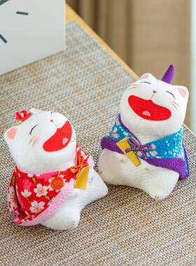 日本京都手工绢布龙虎作 招财招福大笑猫办公室车载摆设生日礼物