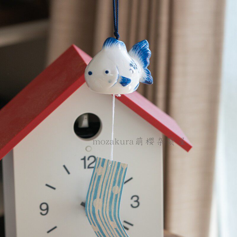 日本药师窑招福开运 柴犬亲子金鱼陶瓷摆件风铃结婚送礼车内装饰