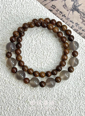 新中式金丝檀木串珠手链女古风颜值手饰复古双圈木质灰玛瑙手串