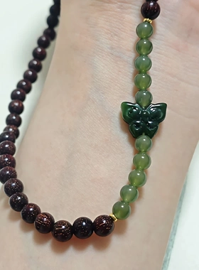 原创天然印度小叶紫檀和田玉蝴蝶手串女串珠佛珠文玩小众国风双圈