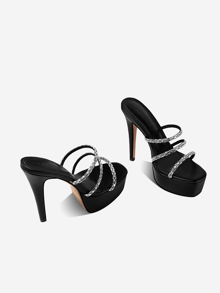 Sandal cao gót nữ hở mũi đính đá quai mảnh gót nhọn 6-8cm — Giày nhọn đen 35847-1, Giày nhọn trắng 35847-1, Black (Thick Heel) 35647-1, White (Thick Heel) 35647-1