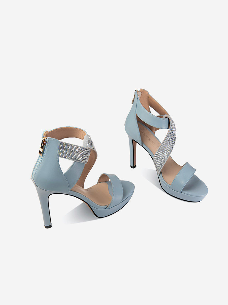 Sandal cao gót nữ hở mũi gót nhọn 9 cm quai mảnh đính đá — Vàng, Xanh da trời
