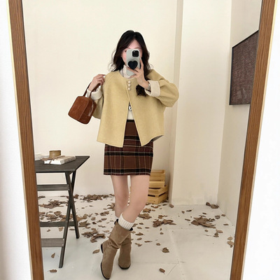 双面双色羊毛呢子大衣女短款