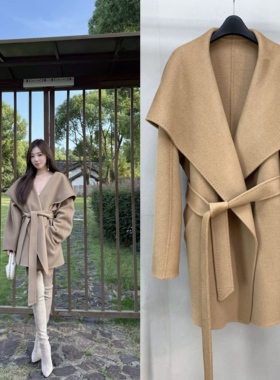 M家大翻领系带驼色双面羊绒大衣女短款小个子2025秋冬羊毛呢外套