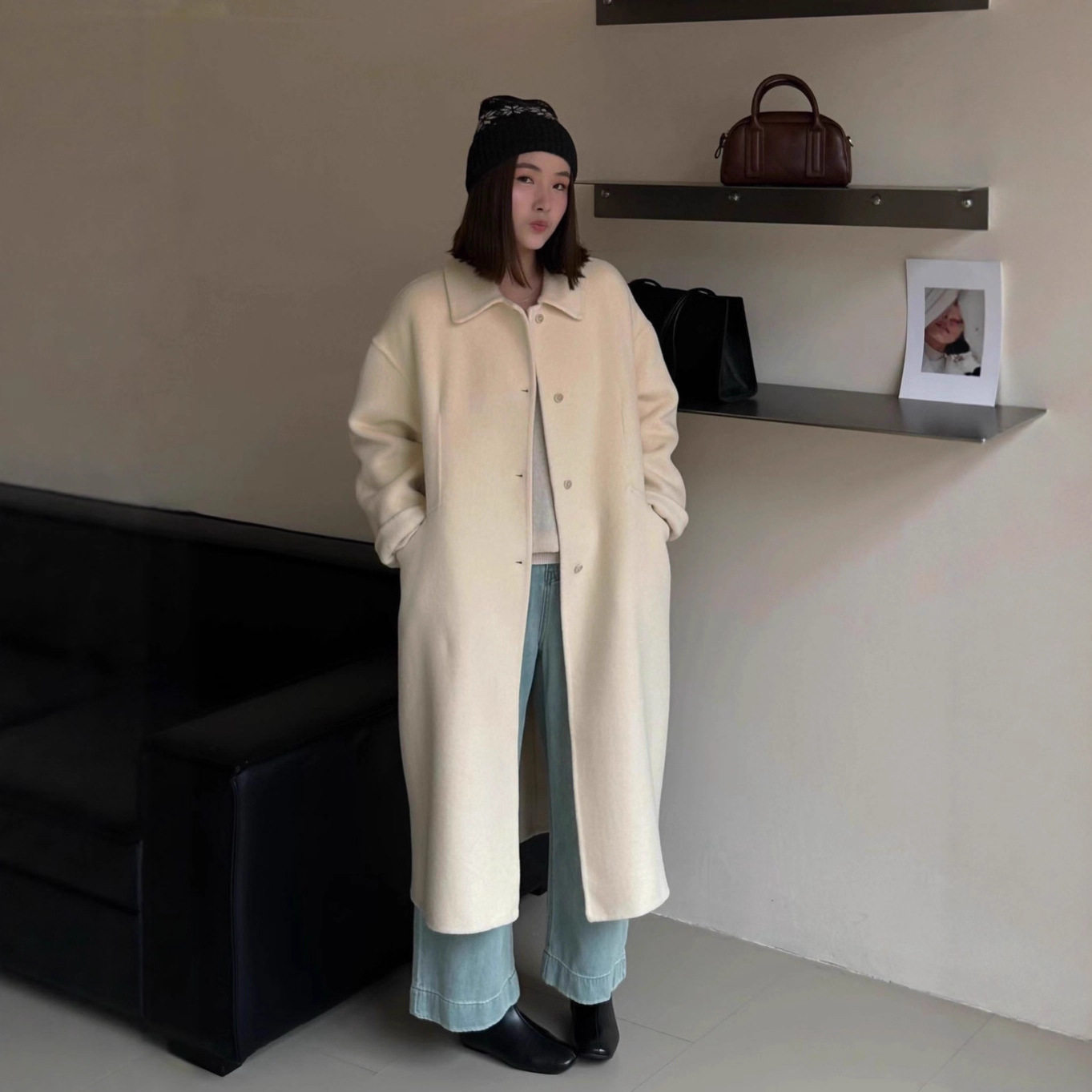秋冬新款加厚保暖娃娃领大衣扣双
