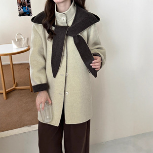 2025秋冬新款休闲连帽双面双色羊毛呢大衣女短款宽松羊绒外套加厚