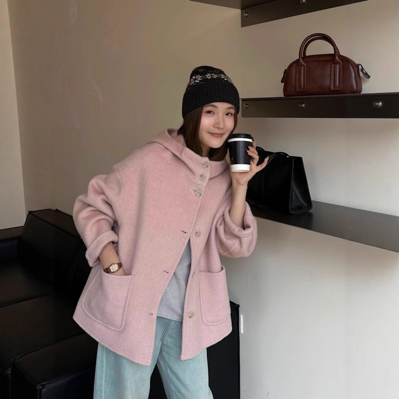 连帽双面羊绒大衣女短款