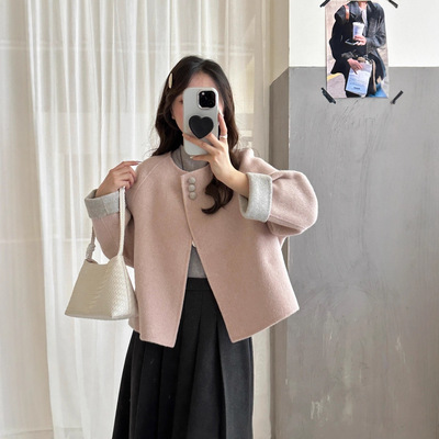 双面双色羊毛呢子大衣女短款