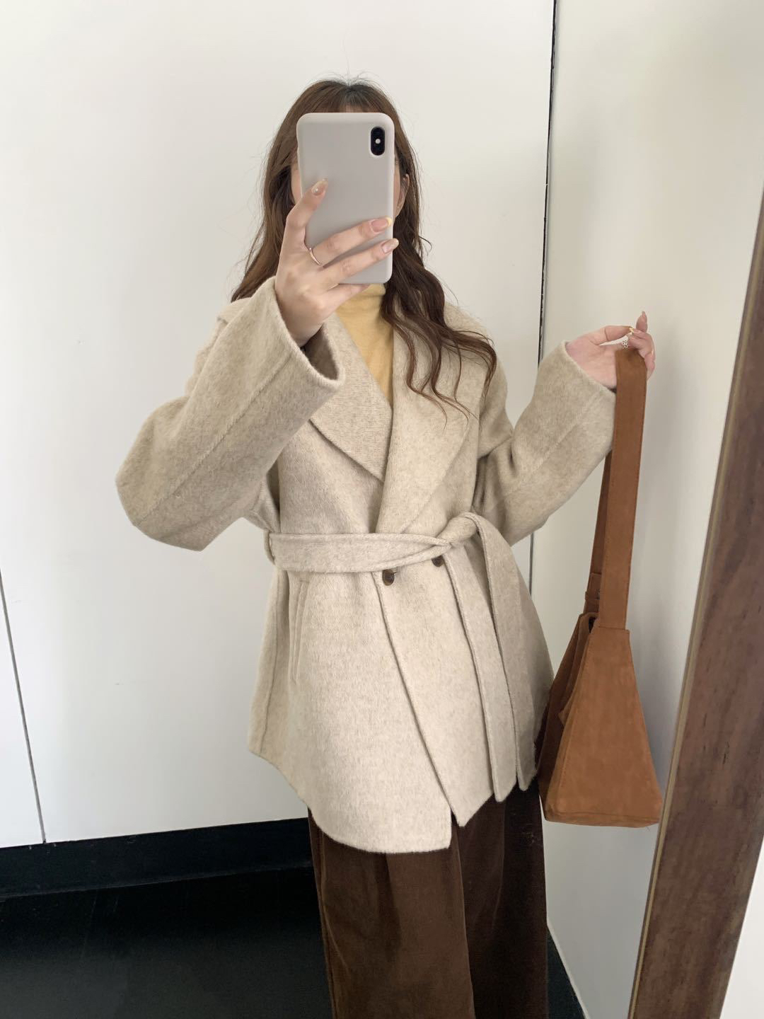 系带大翻领羊绒大衣女短款小个子