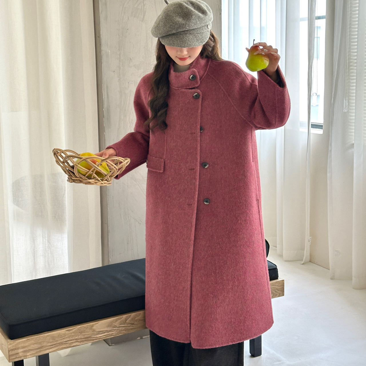 立领单排扣加厚双面羊绒大衣女厚