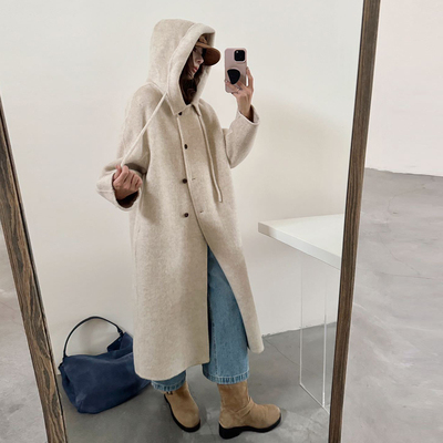 韩版连帽休闲双面呢羊绒大衣