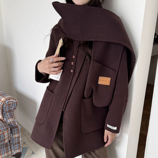2025秋冬新款韩系围巾领双面羊绒大衣女短款小个子羊毛呢子外套厚