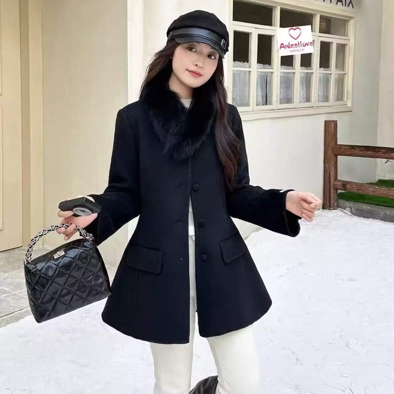 毛毛领沙漏腰短款双面羊绒大衣女