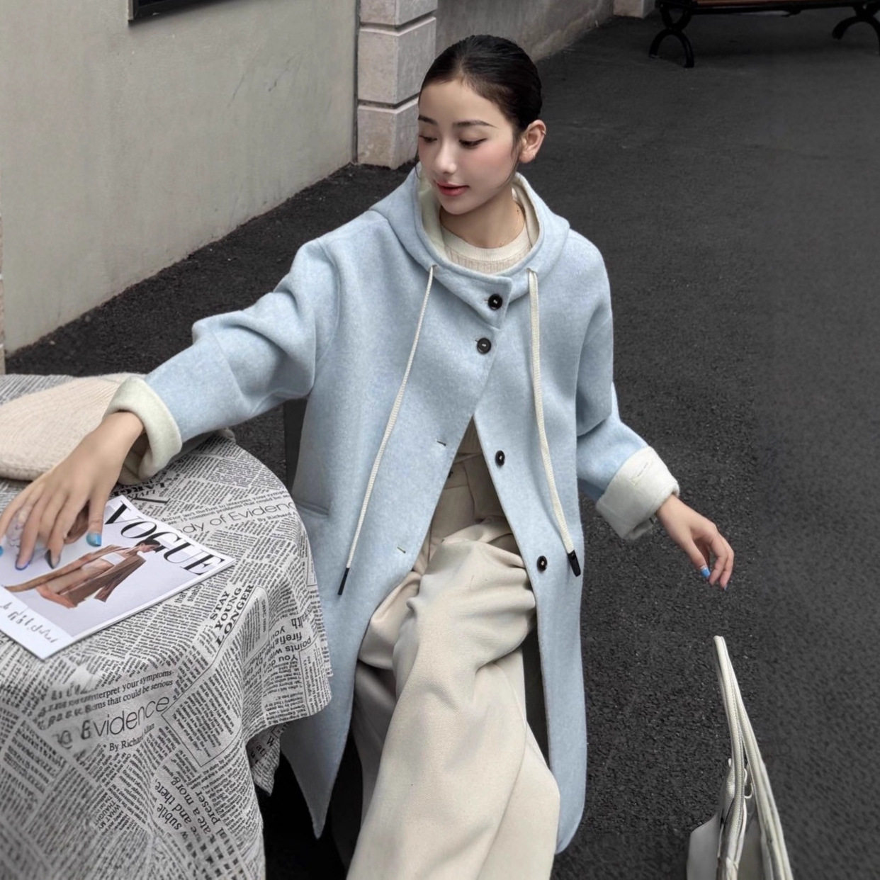 2025秋冬新款宽松连帽双面双色羊毛大衣女小个子加厚保暖羊绒外套