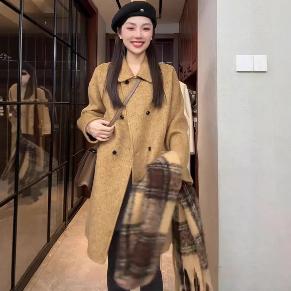 2025新款秋冬双面羊毛大衣女韩版宽松休闲中长款小个子毛呢外套厚