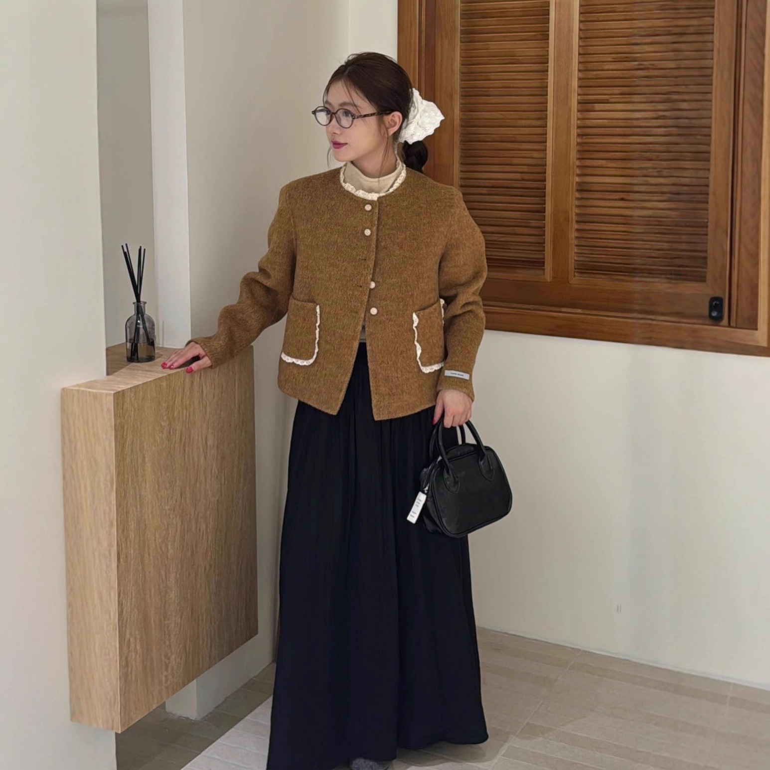 蕾丝边小香风双面羊毛呢大衣短款