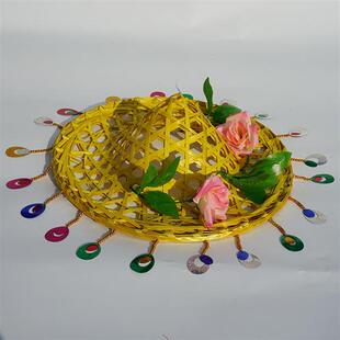 舞台表演斗笠民族舞蹈帽子儿童节目道具带亮片镂空花朵竹编斗笠帽