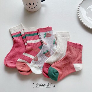 秋款儿童袜拼接色双针彩色条纹中筒袜韩版潮袜女童学生袜女孩袜子