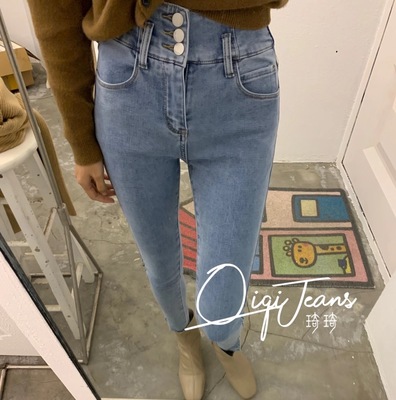 牛仔qiqi琦琦侧开叉磨毛小脚裤