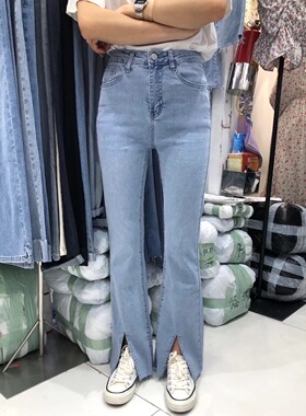 qiqi琦琦7960#夏薄 高腰显瘦显腿长高弹力蓝色开叉牛仔长裤拖地裤