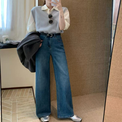 高腰显瘦高弹力窄版牛仔阔腿长裤