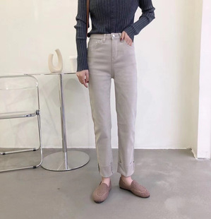 凤德堡FDB 5950#冬 高腰显瘦高弹力磨毛抓薄绒直筒翻边牛仔裤长裤