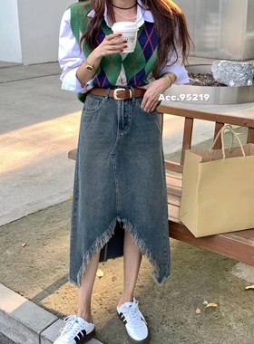 A 95219#秋 高腰显瘦前开叉毛须边A字牛仔半身裙中长款 送腰带