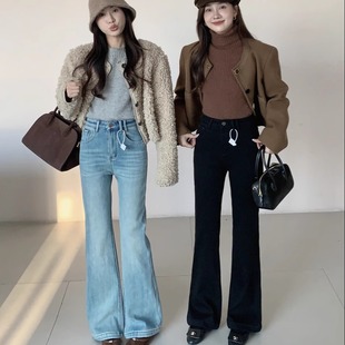 速 5903#2025冬 高腰显瘦高弹力复合加厚绒浅蓝微喇叭裤牛仔长裤