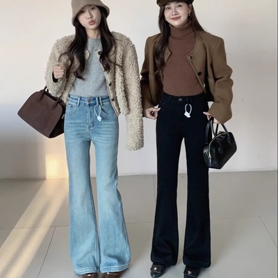 微喇叭长裤厚绒牛仔2025冬浅蓝女